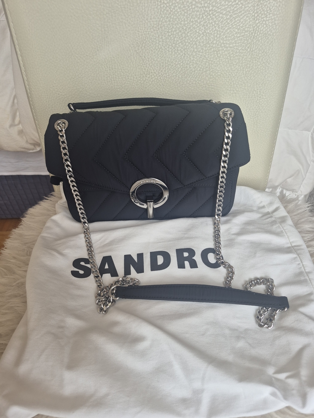 Sandro Black Quilted Crossbody with Silver Hardware